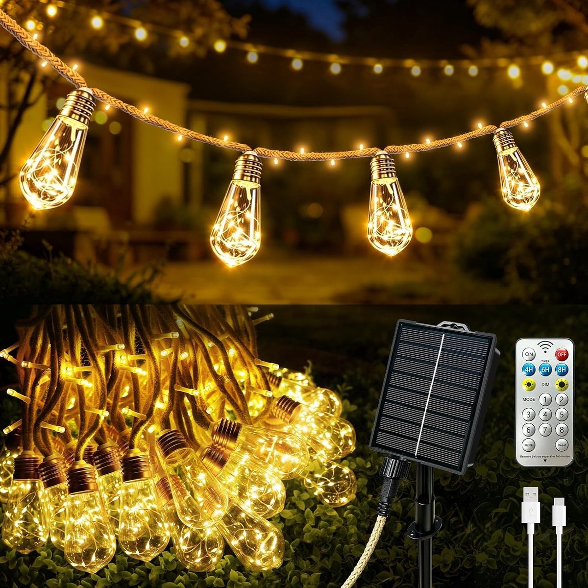 Lichtsnoer op zonne-energie - Warmwit - 30 LEDs - Vintage Henneptouw - Voor Buiten
