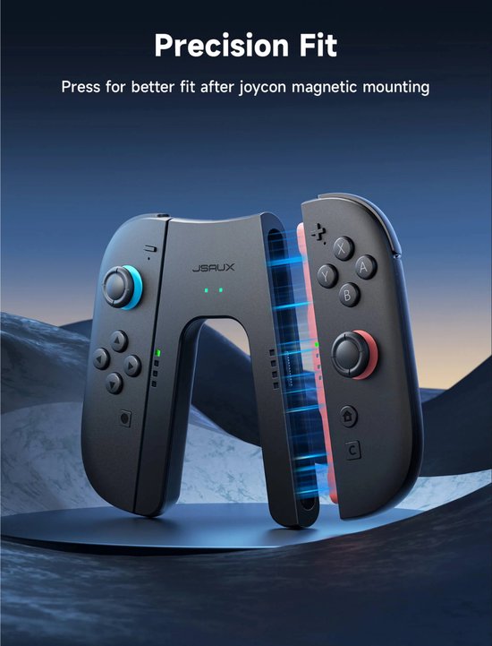 Een zwarte JSAUX Joy-Con controller met blauwe en rode accenten, uitgelicht tegen een blauwe, rotsachtige achtergrond. Precisie pasvorm.