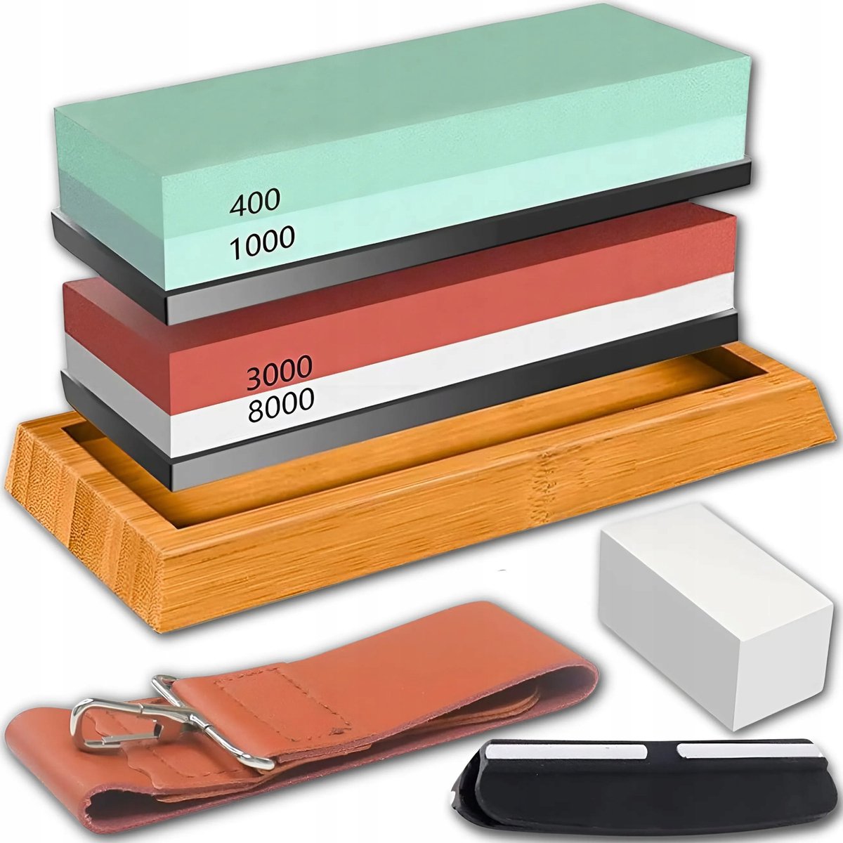 Professionele Messenslijpsteen Set met Hout en Leer