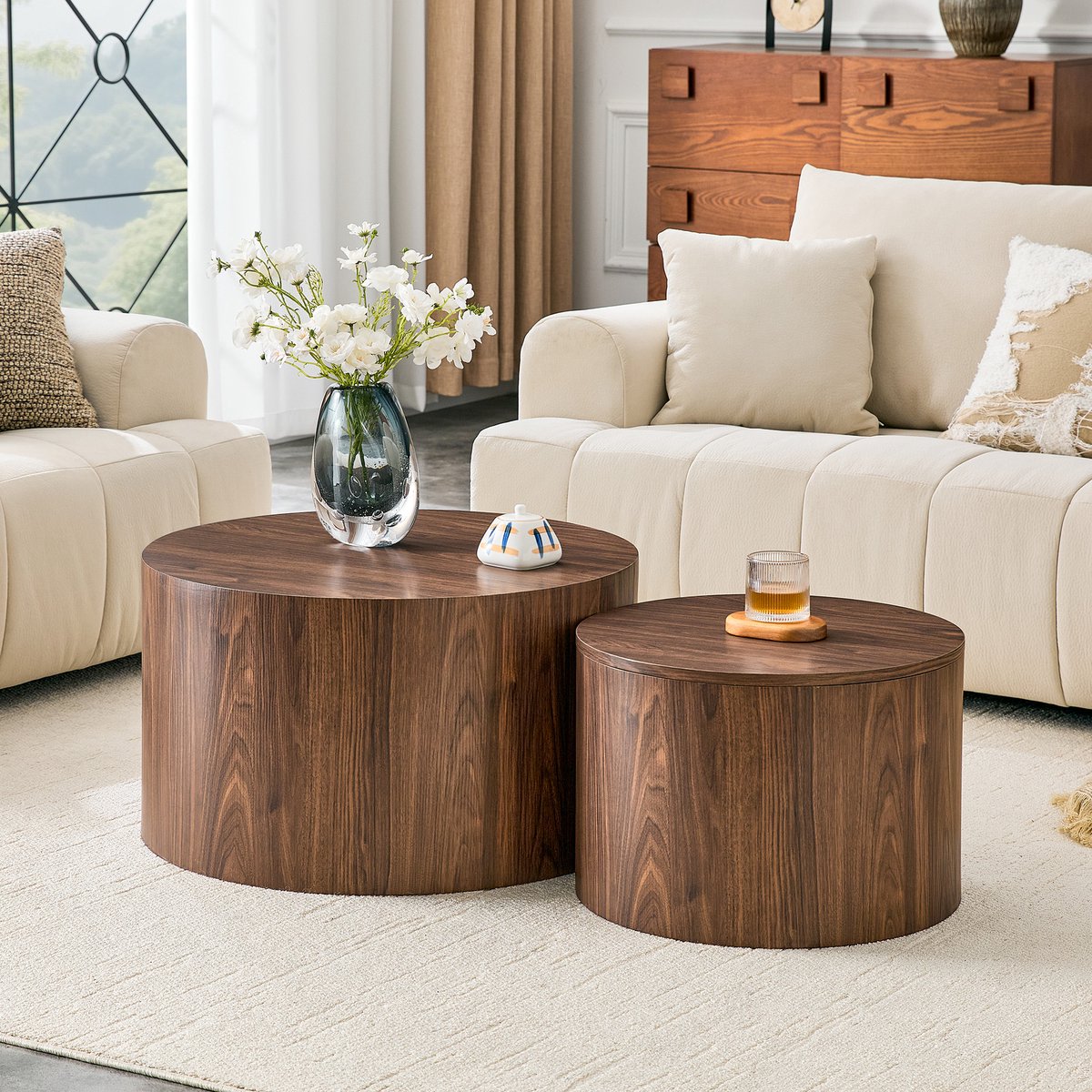 OKWISH Salontafel Set - Ronde Nesting Tafels Met Opbergruimte - Voor Woonkamer - Walnoot MDF - 62,8 Cm En 44 Cm