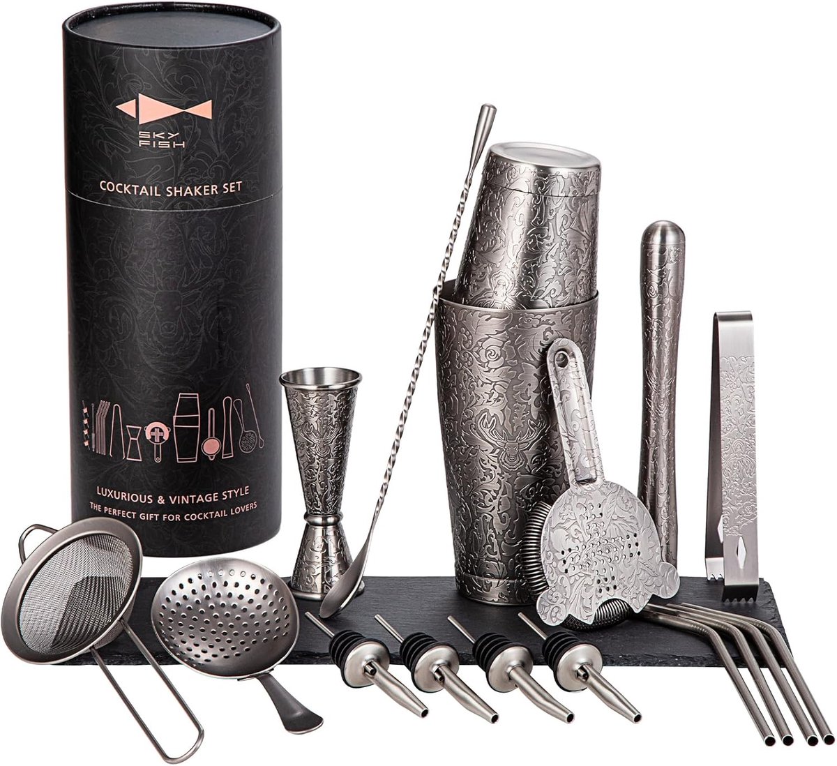 Cocktail shaker set 18-delig - roestvrij staal - 3D reliëfdesign - perfect voor mixen van cocktails