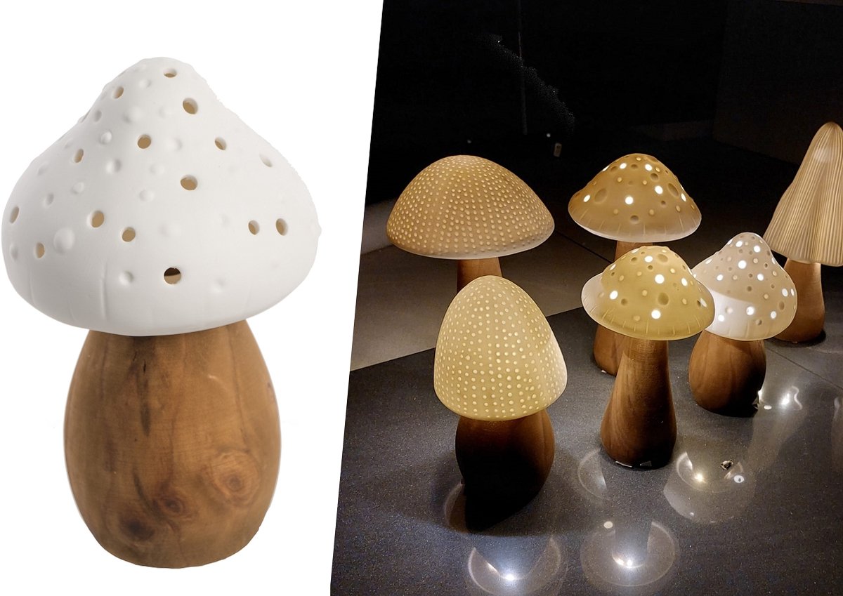 Decoratieve Keramische Witte Champignon met LED op Houten Poot