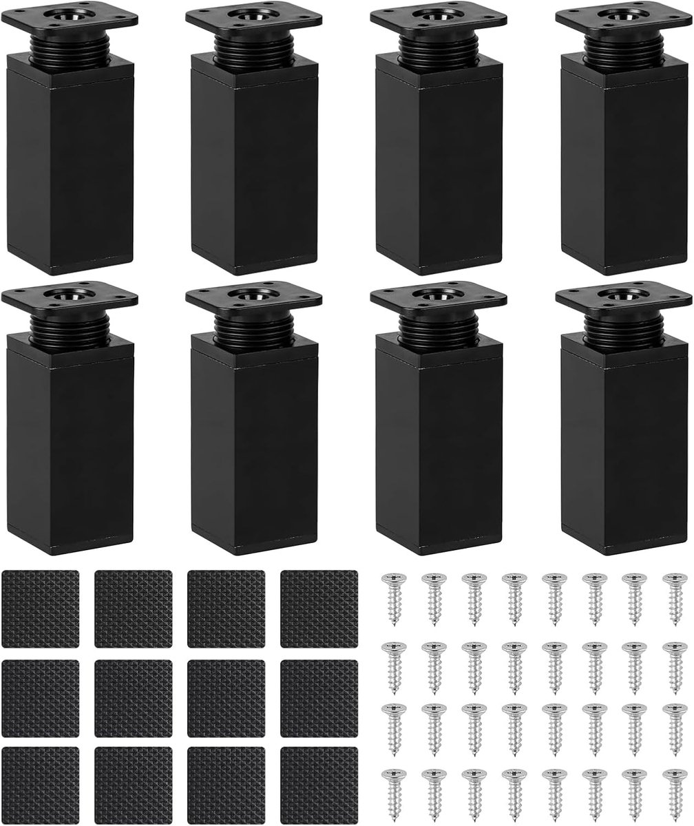 Meubelpoten set van 8 verstelbaar 40 x 40 x 80 mm - vierkant zwart metaal en kunststof - hoogte verstelbaar - ShopVlot