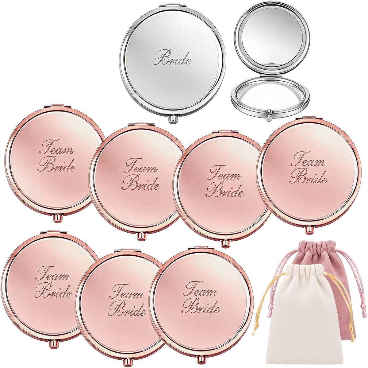 Handspiegel set voor bruid en bruidsmeisjes - zilver en roségoud - 8 stuks met fluwelen tasjes - perfect trouwcadeau - ShopVlot