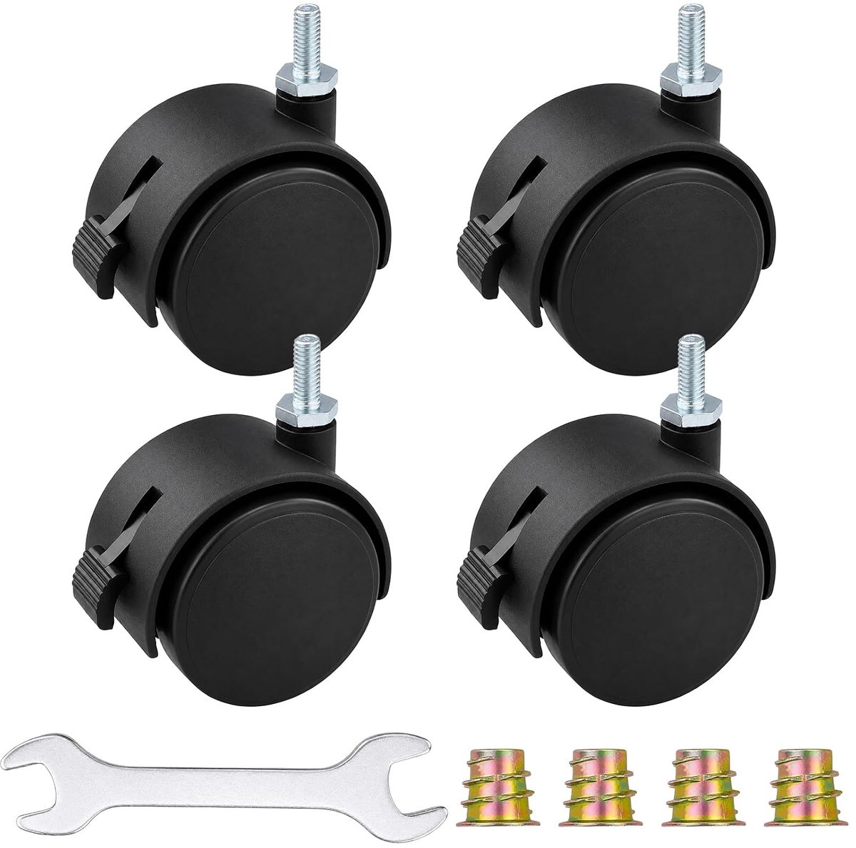 Zwenkwielen set van 4 - nylon zwart - M6 x 15 mm - inclusief schroefmoeren en moersleutel - ShopVlot