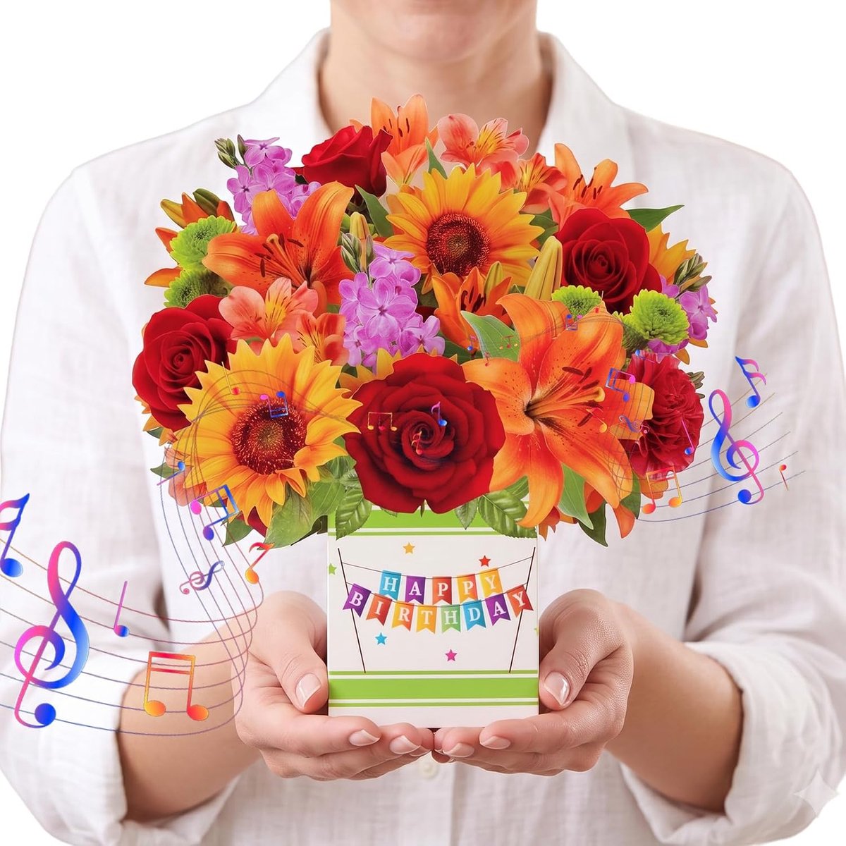Verjaardagskaart 3D pop-up - bloemenboeket met muziek - lichtjes en envelop - unieke verrassing - ShopVlot