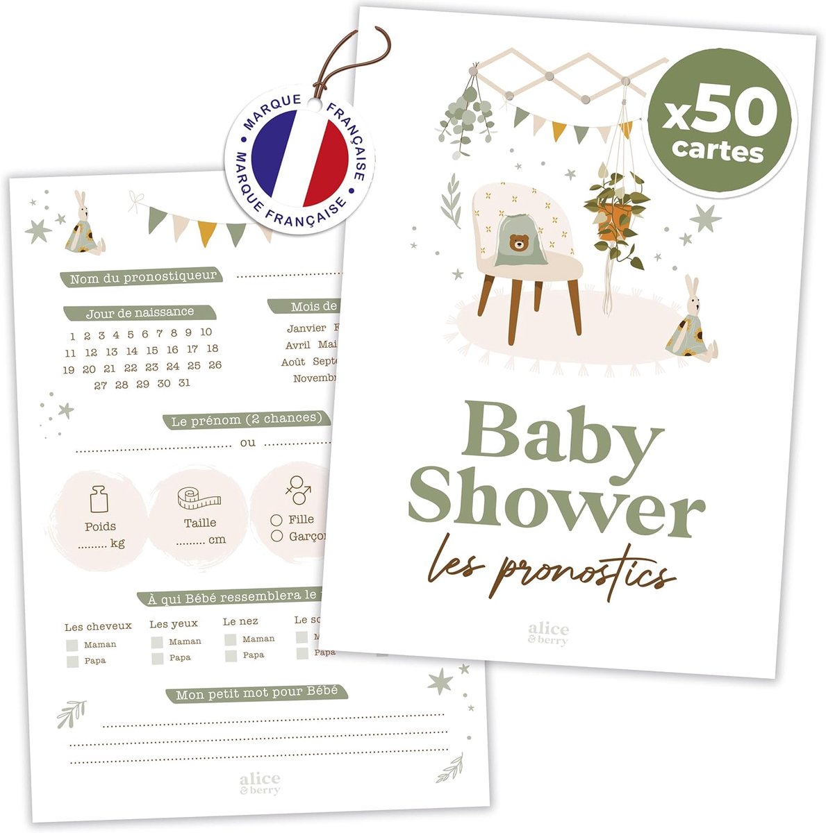 Voorspellingskaarten Babyshower - 50 kaarten khaki olijf beige - herinnering aan zwangerschap - leuk gezelschapsspel - ShopVlot
