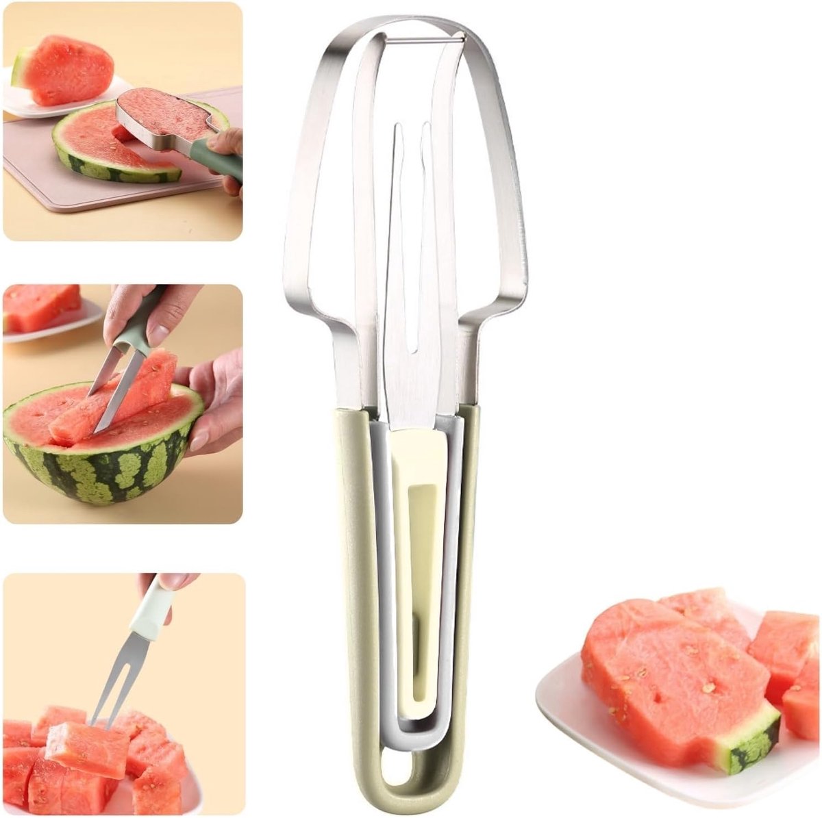 Watermeloenmes 3-in-1 - RVS - Inclusief lepel en vork - Perfect voor het snijden van watermeloen - ShopVlot