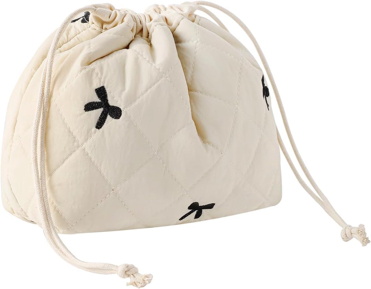 Cosmetic bag 25 x 18 x 9 cm - katoen - beige strikjes - ideaal voor op reis - ShopVlot