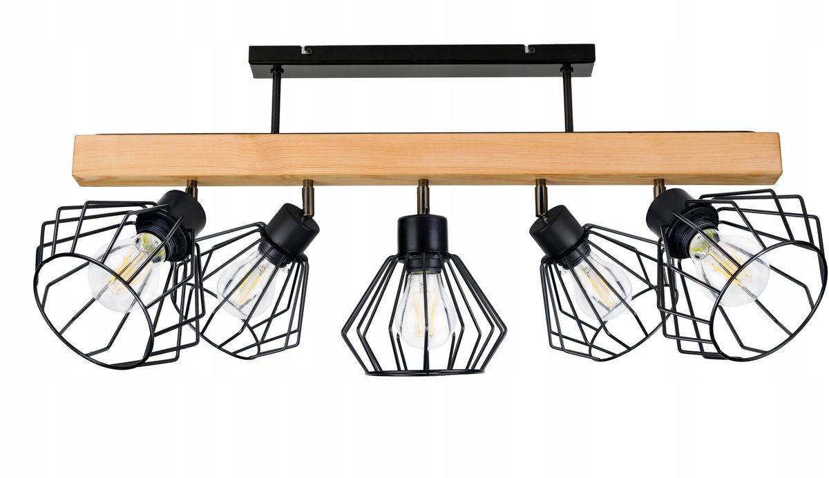 Houten Balk Plafondlamp Zwart met 5 Lampenkappen E27 - Industriële Stijl