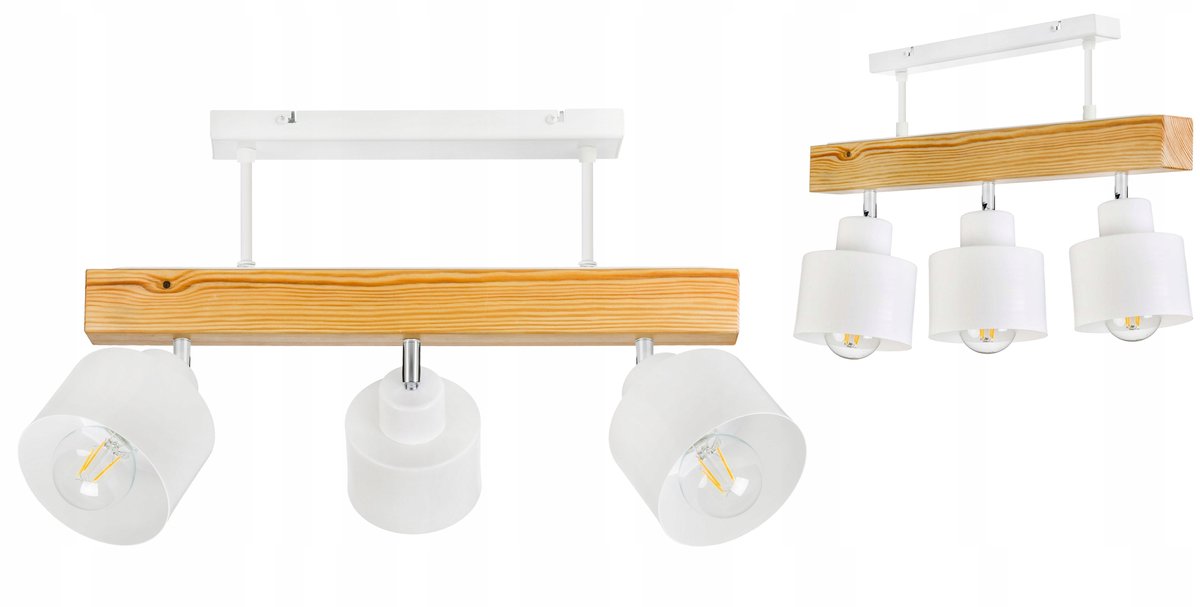 Houten Balk Plafondlamp Wit E27 - 3 Lampenkappen - Loft Stijl