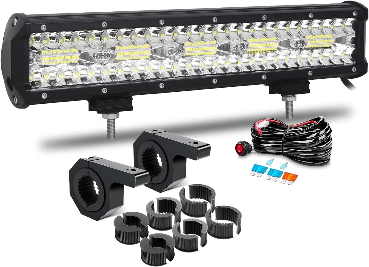 RIGIDON 8D 38cm 15inch 300W LED Light Bar with 12V Wiring Kit, 2pcs Work Light Tube Clamp, Waterproof Straight LED - ShopVlot