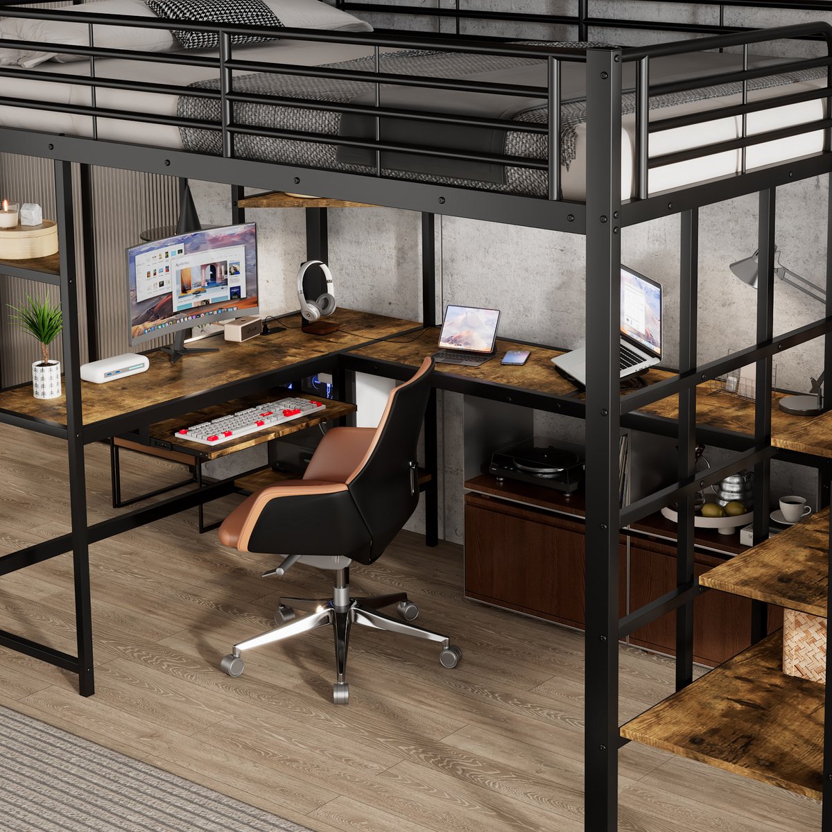 MEUNIQ Hoogslaper 120 x 200 cm met trap, geïntegreerd bureau, oplaadpunt en opbergruimte voor slaapkamer, studeerkamer of jongerenkamer