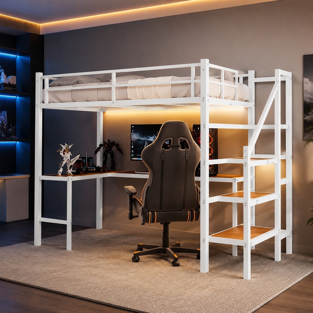 MEUNIQ Hoogslaper 90 x 190 cm met L-vormig bureau, planken, opbergtreden en volledig veiligheidshek voor slaapkamer of kinderkamer, wit