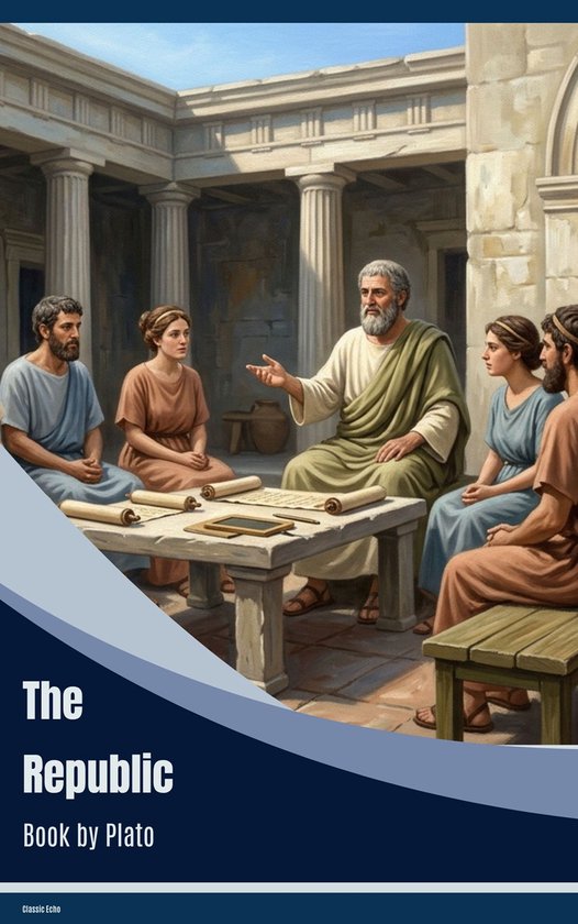 Een man met een grijze baard in een groen gewaad zit aan een tafel en spreekt tot vier leerlingen in een binnenplaats. "The Republic" staat linksonder.