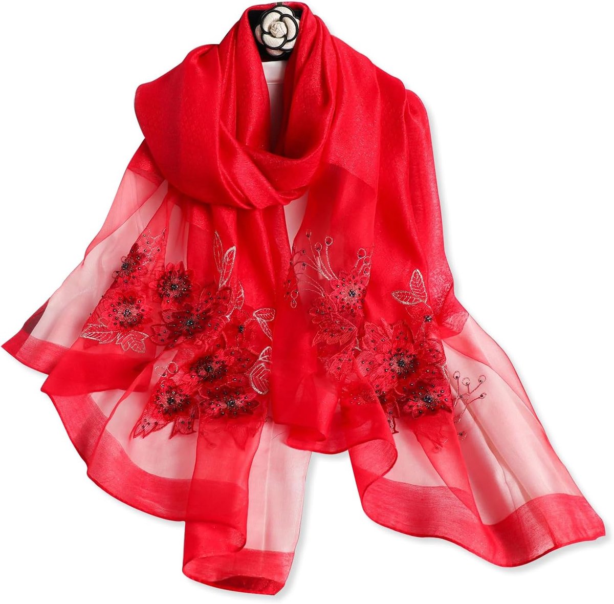 LumiSyne Mulberry Silk Scarf Women's Delicate Chiffon Scarf Ginkgo Embroidery Transparent Tulle Lightweight Soft Long - ShopVlot
