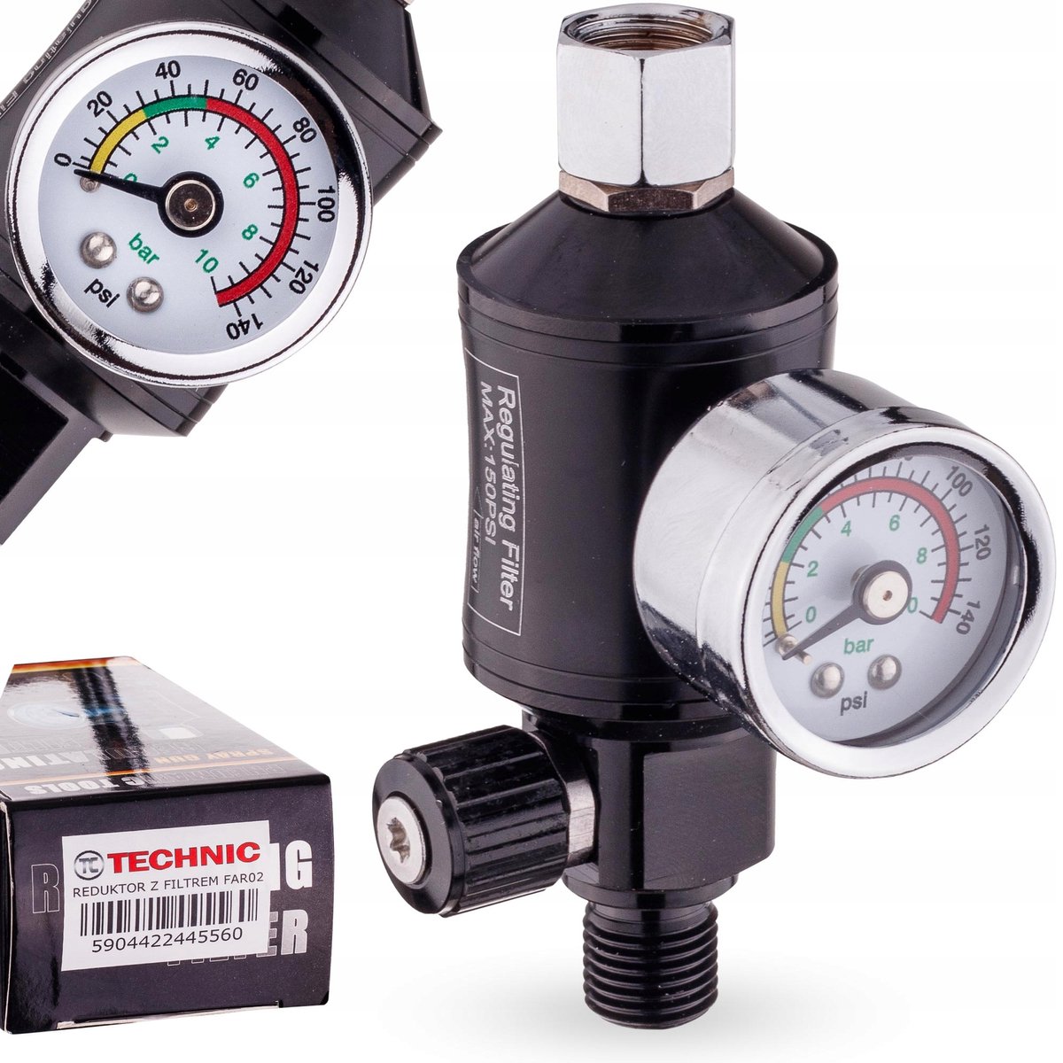 Merkloos drukregelaar met manometer en filter voor spuitpistool 1/4"