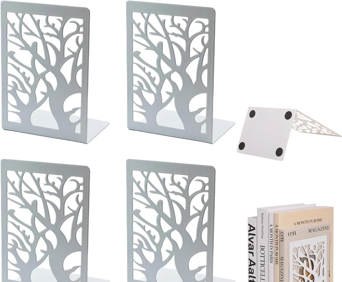 2 Pairs of Bookends, White Metal Tree Branch Design, Non-Slip, 17.5 x 12 x 9 cm, Decorative Bookholder for Office - ShopVlot