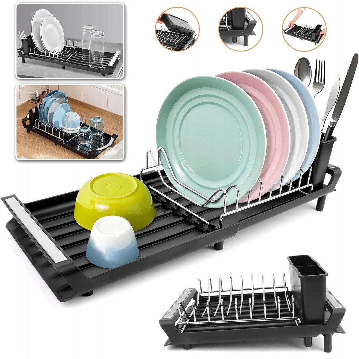 Uitschuifbare Afdruiprek voor Keuken - Zwart, Kunststof
