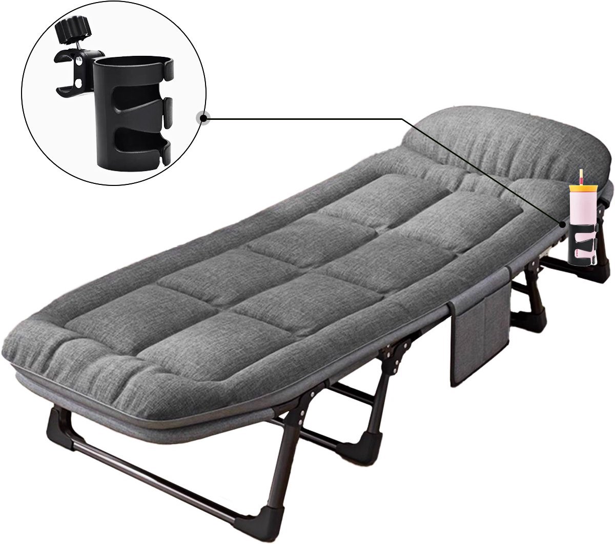 Veldbed - Campingbed - Logeerbed met kussen - Opvouwbaar Kampeerbed - 190x66x30 cm - Strandbed - Versterkt 8-Poots - Met bekerhouder - Met 3x Lendensteun - Stevig Kussen - Inklapbaar - Antraciet/Grijs - Ideaal voor Tuin, Kamperen & Reis