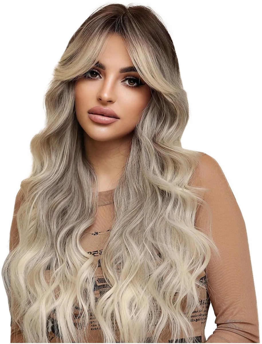 Damespruik Ombre Blond Golvend Lang Haar Met Pony - Natuurlijk Uiterlijk