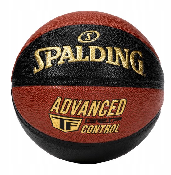 Spalding basketbal met tekst 'ADVANCED TF CONTROL' en het Spalding logo in goudkleur op zwart en oranjebruin.