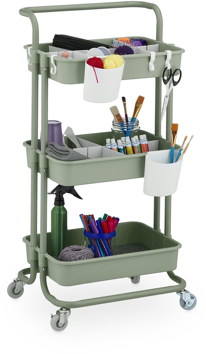 Famanu – Keukentrolley met 3 etages, multifunctionele trolley voor badkamer en kantoor, 86 x 42,5 x 36 cm, metaal en kunststof, groen