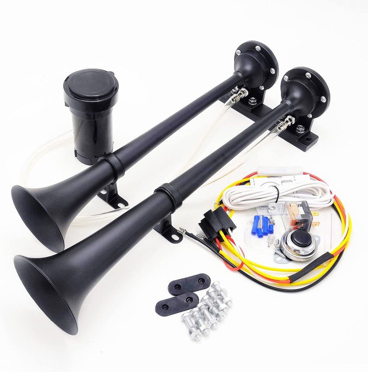 Car Air Horn, 165 dB, 45 cm, Electric Black, Loud Tone and Bass, Double Tube, Chrome and Zinc Compressor, for 12 V - ShopVlot