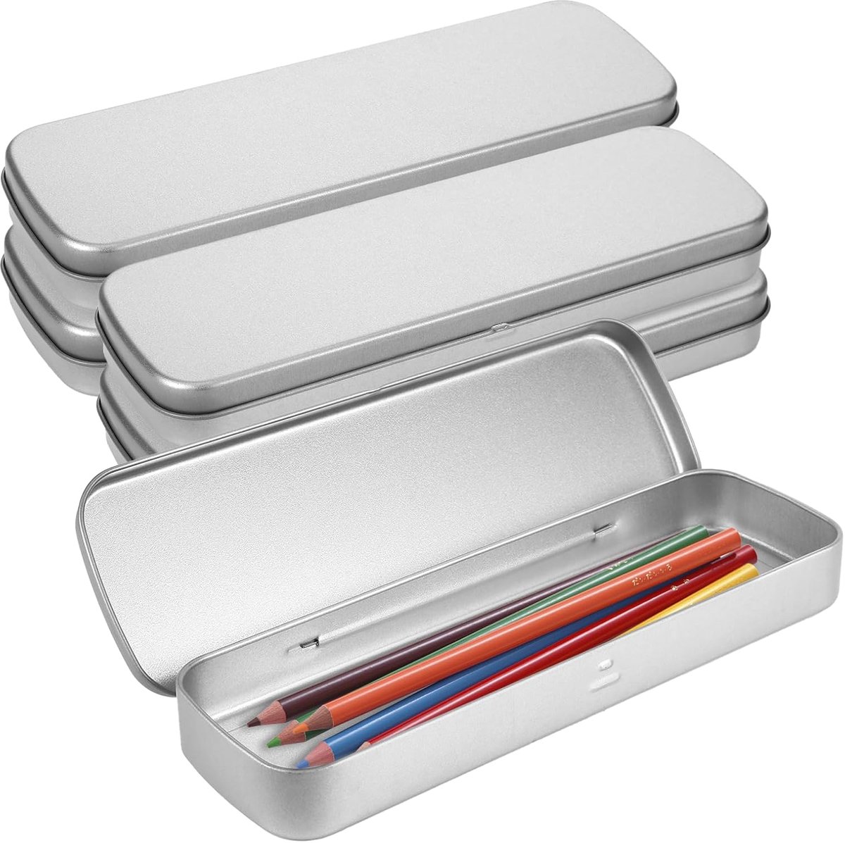 Pen Box, Silver Pen Organizer, 4/6 Pieces, Tin Box with Lid, Small Metal Box for Office and Study, Pencils and - ShopVlot