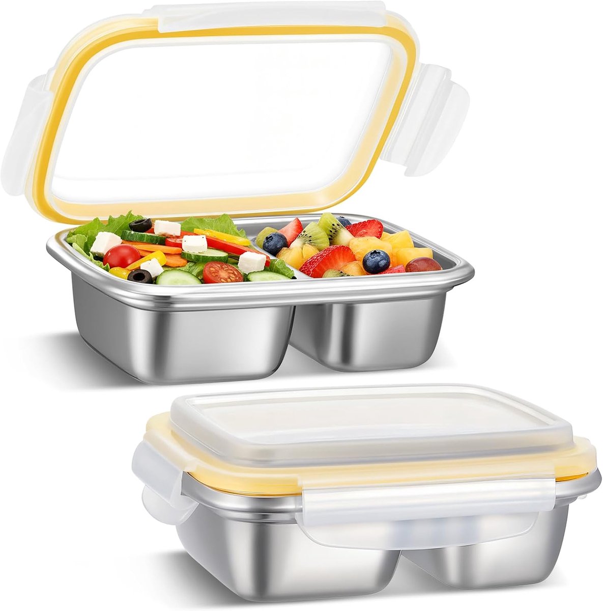 KZQ Set van 2 Snackbakjes van 304 Roestvrijstaal met Twee Vakken - 550 ml, Lekvrije Deksels voor Droge Voeding, Herbruikbaar voor Kantoor, School en Onderweg