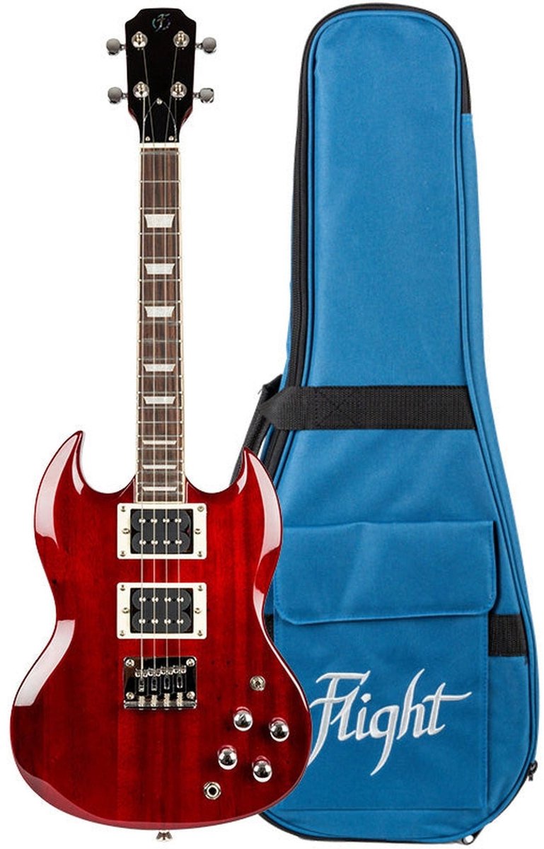 Flight Pioneer CR Elektrische Tenor Ukulele Cherry Red met Mahonie Body, Dual Humbuckers en Gigbag