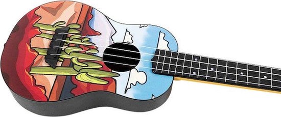 Ukulele met cactussen en woestijnlandschap.