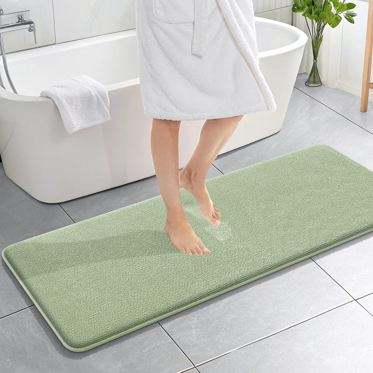 Olanly Badmat Antislip – Dikke Geheugenschuim Douchemat – Badmat Badkamer – Sneldrogend Vloermat – Grasgroen – 51X150cm