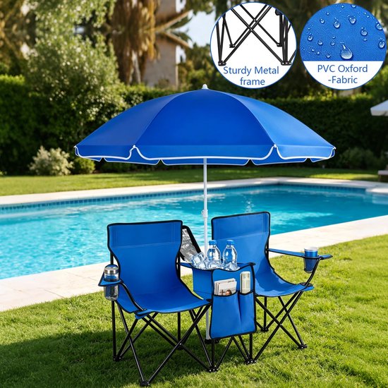 VIEMAE 2-zits Campingstoel met parasol, koeltas, bekerhouder, zijvak - Vouwstoel - Visstoel - Opvouwbaar - Incl draagtas - Rood — afbeelding 2