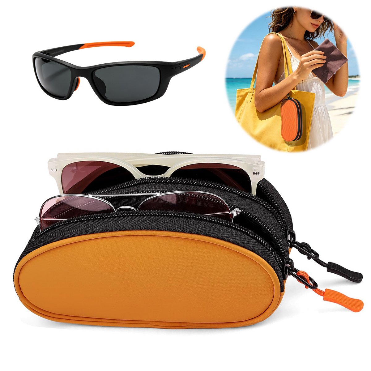 Zonnebrilhoes - Brillenhoes - Dubbellaagse brillenhoes - Opbergtas voor zonnebrillen - Etui voor brillen op sterkte - Dubbele ritssluiting - Oranje - 18*7,6*4 cm