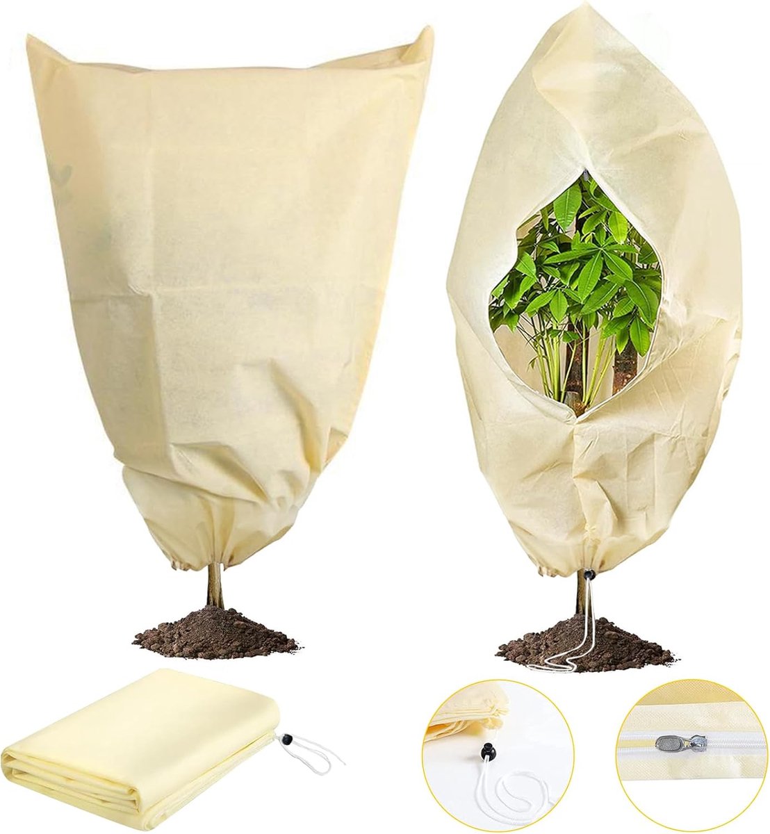 Winterbeschermhoezen voor planten - 2 stuks - 180 x 240 cm - Vorstbescherming voor planten - Winterhoes voor planten - Boomhoes - Winterbeschermhoezen voor potplanten met rits en trekkoord - Geschikt voor vorstbescherming van planten - Beige