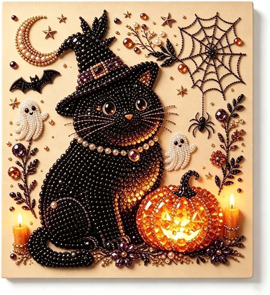 Halloween Parel- en Diamantschilderset - Complete set met edelstenen en diamantjes - Halloween feestcadeau - Geschikt voor beginners en volwassenen - Zwart & Kat thema