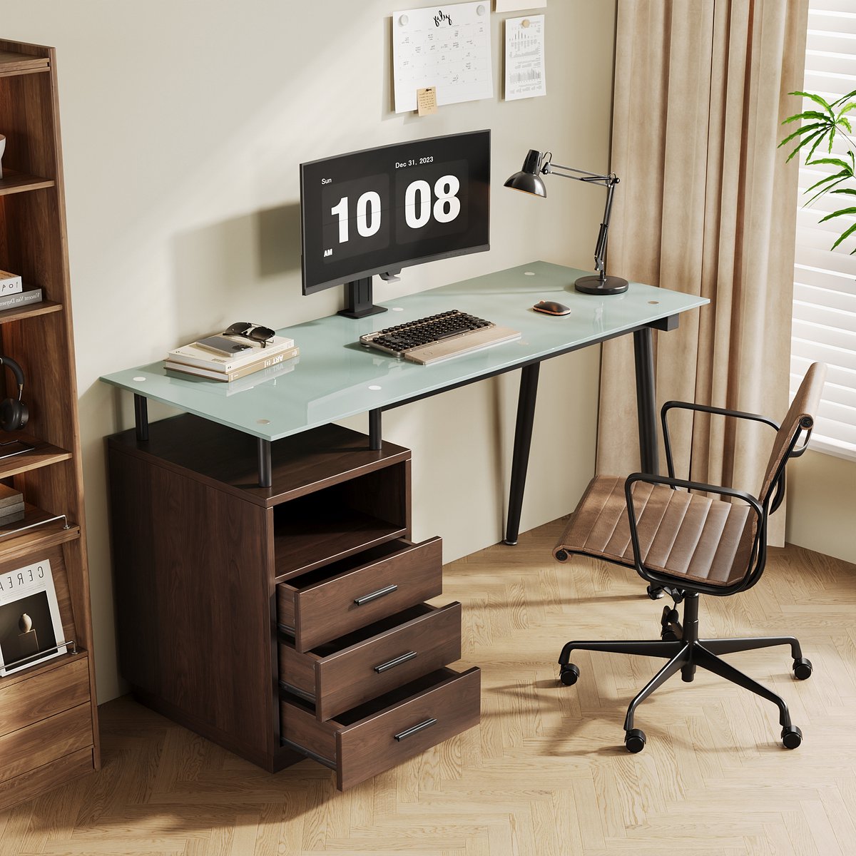 Bureau - met laden en opbergruimte - bruin - afmetingen 130 x 50 x 75 cm - materiaal glas en metaal en mdf - voor een praktische werkplek