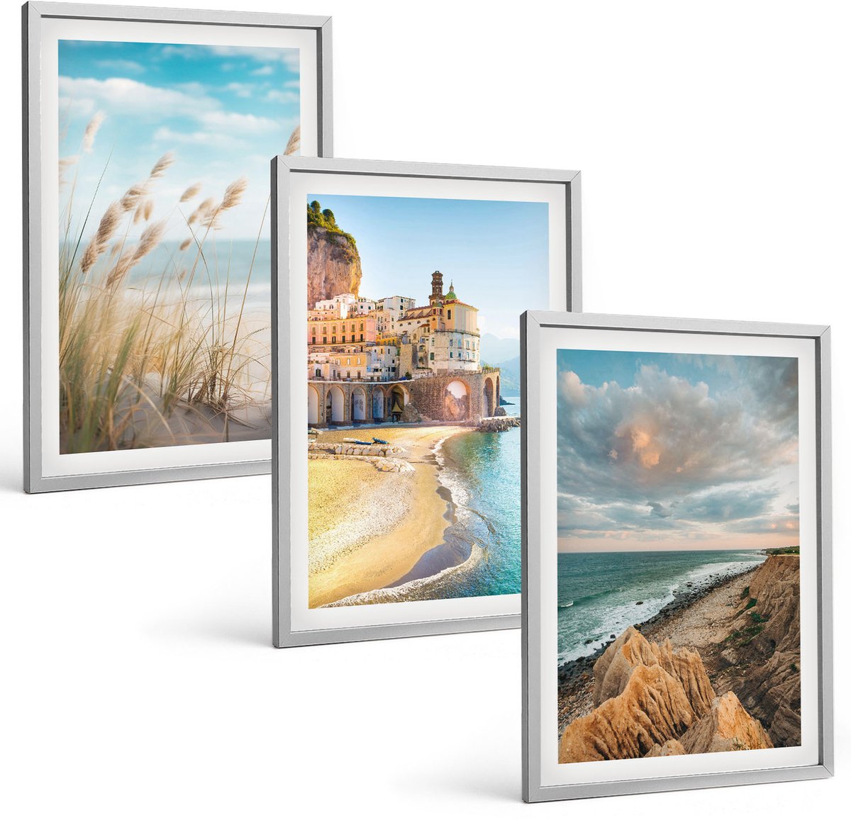 TULUP 4-Delige Schilderij Set - Kustlandschappen met strand, stad en kliffen - 40 x 60 cm - Muurdecoratie - Wanddecoratie - Slaapkamer - Stijlvolle Muurdecoratie Zilveren lijst