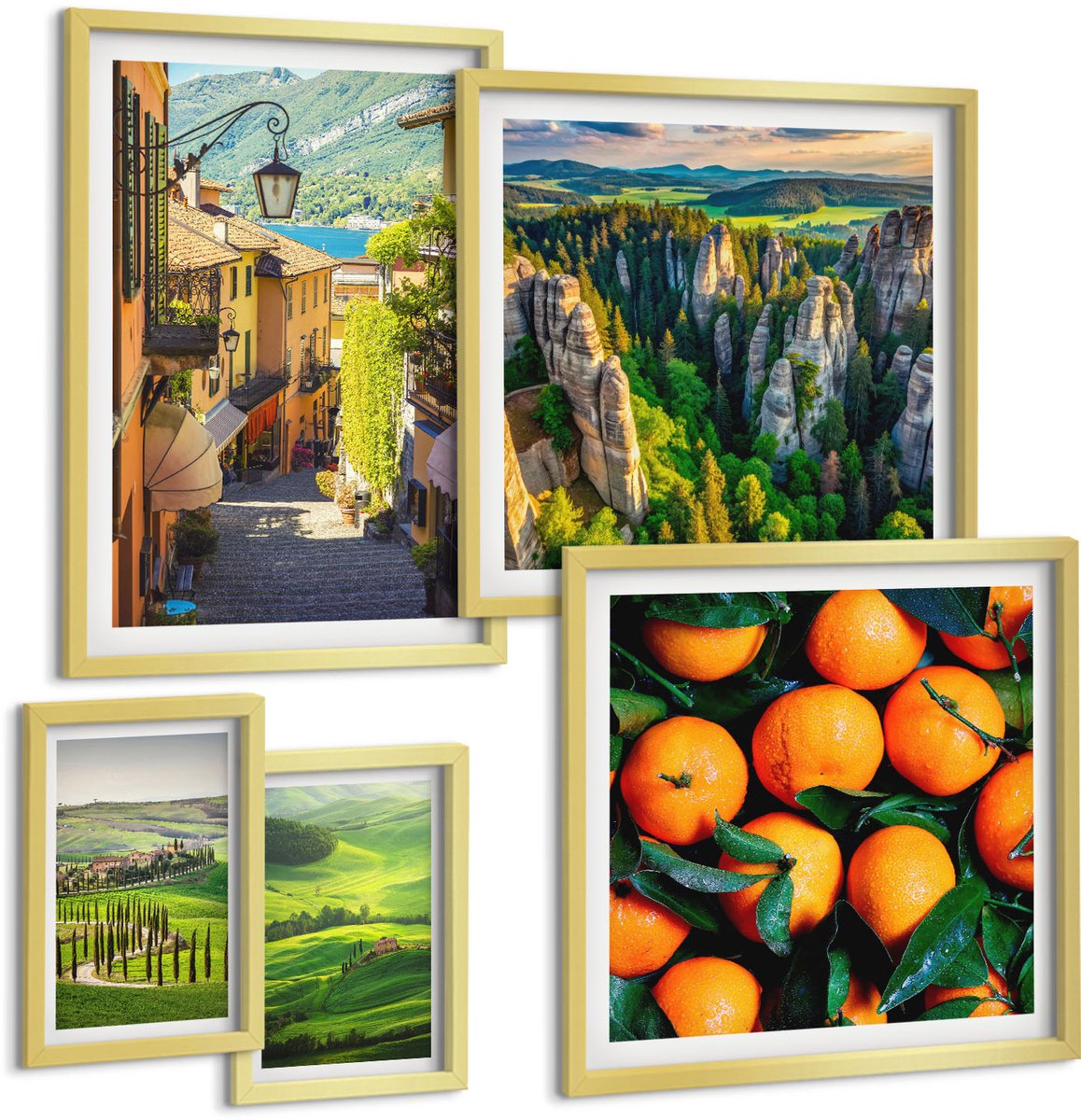 TULUP 5-Delige Schilderij Set - Charmante landelijke landschappen en fruitinspiratie - 50 x 50 cm, 20 x 30 cm en 40 x 60 cm - Decoratieve Schilderijen - Woonkamer - Interieur - Stijlvolle Muurdecoratie Gouden lijst