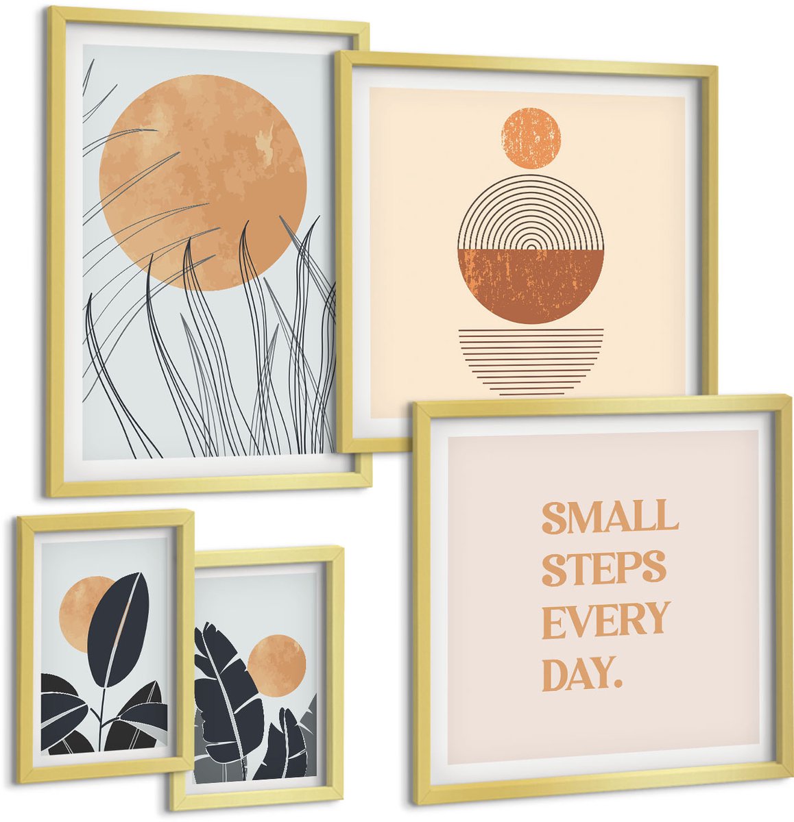 TULUP 5-Delige Schilderij Set - Stijlvolle afbeeldingen met plantmotieven en inspirerende slogans. - 50 x 50 cm, 20 x 30 cm en 40 x 60 cm - Stijlvolle Muurdecoratie - Slaapkamer - Moderne Wanddecoratie Gouden lijst