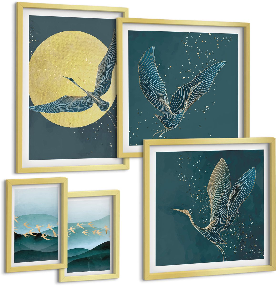 TULUP 5-Delige Schilderij Set - Landschappen met vogels in de nachtelijke hemel met de maan - 50 x 50 cm, 20 x 30 cm en 40 x 60 cm - Decoratieve Schilderijen - Wanddecoratie - Hal Gouden lijst