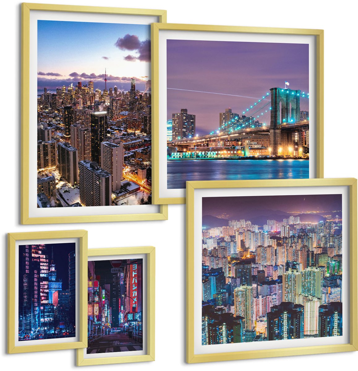 TULUP 5-Delige Schilderij Set - Moderne stadsgezichten 's nachts met neonlichten en wolkenkrabbers - 50 x 50 cm, 20 x 30 cm en 40 x 60 cm - Wanddecoratie - Muurdecoratie - Moderne Interieurdecoratie - Moderne Wanddecoratie Gouden lijst