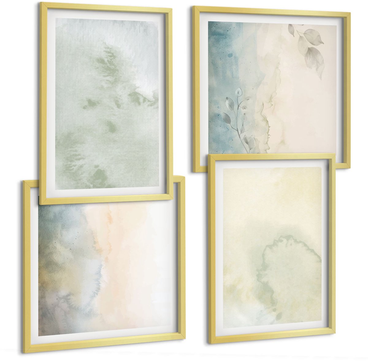TULUP 4-Delige Schilderij Set - Pastelkleurige aquarelverf op canvastextuur - 40 x 40 cm en 40 x 60 cm - Muurdecoratie - Wanddecoratie - Hal - Stijlvolle Muurdecoratie Gouden lijst
