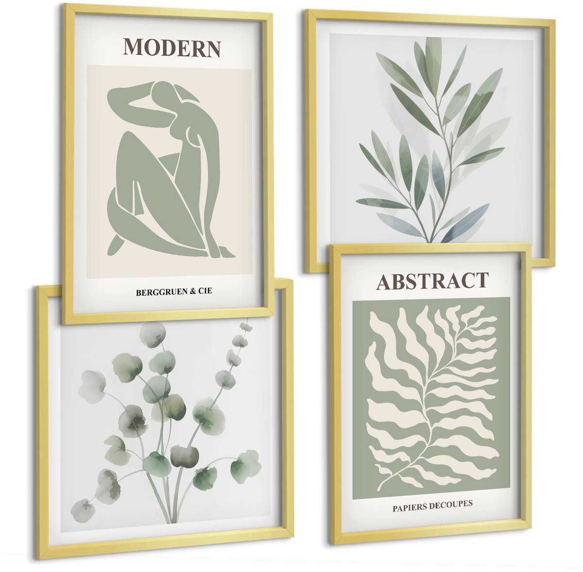 TULUP 4-Delige Schilderij Set - Matisse Design Aquarel Boho Planten - 40 x 40 cm en 40 x 60 cm - Muurdecoratie - Wanddecoratie - Hal Gouden lijst