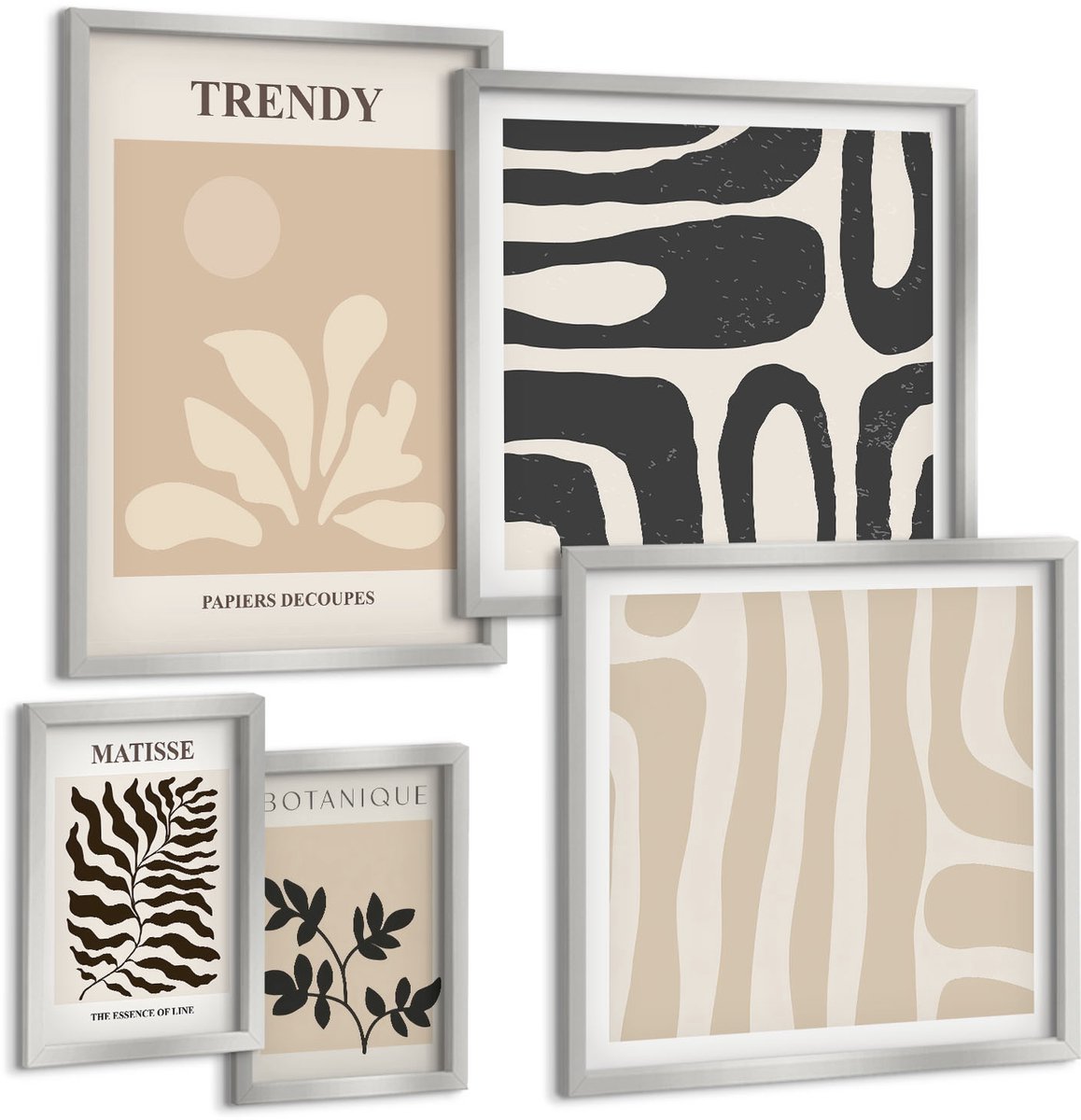 TULUP 4-Delige Schilderij Set - Stijlvolle plantmotieven en geometrische decoratieve vormen - 50 x 50 cm, 20 x 30 cm en 40 x 60 cm - Muurdecoratie - Schilderijen Set - Woonkamer - Woonkamer Decoratie Zilveren lijst