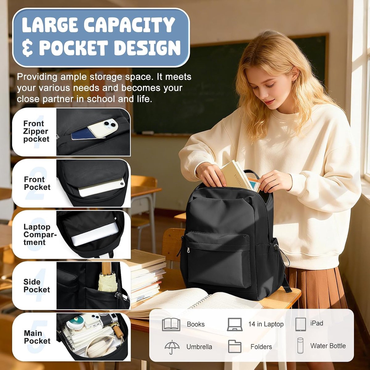 School Backpack Girl Teenager Waterproof Lightweight School Bag, c-black - ShopVlot