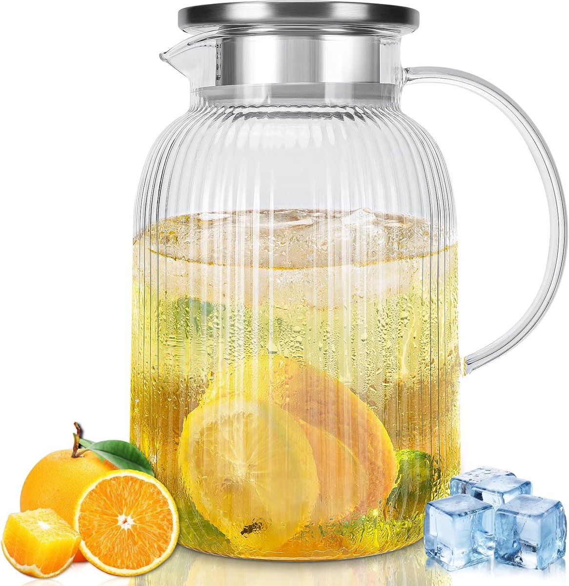 Waterjug - Transparant - 1,9 L - Borosilicaatglas Waterkan met RVS Deksel - Voor Sap en Thee