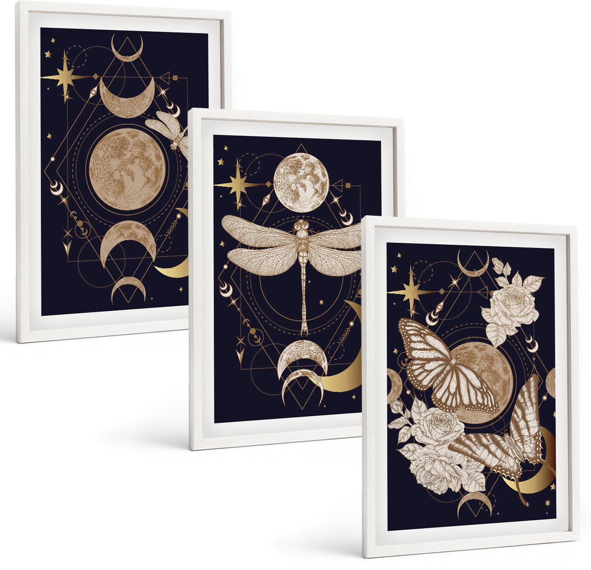 Tulup 3-Delige Schilderij Set - Natuurthema's met de maan, de ruimte en bloemen. - 40x60 - Wanddecoratie - Muurdecoratie - Moderne Interieurdecoratie - Moderne Wanddecoratie