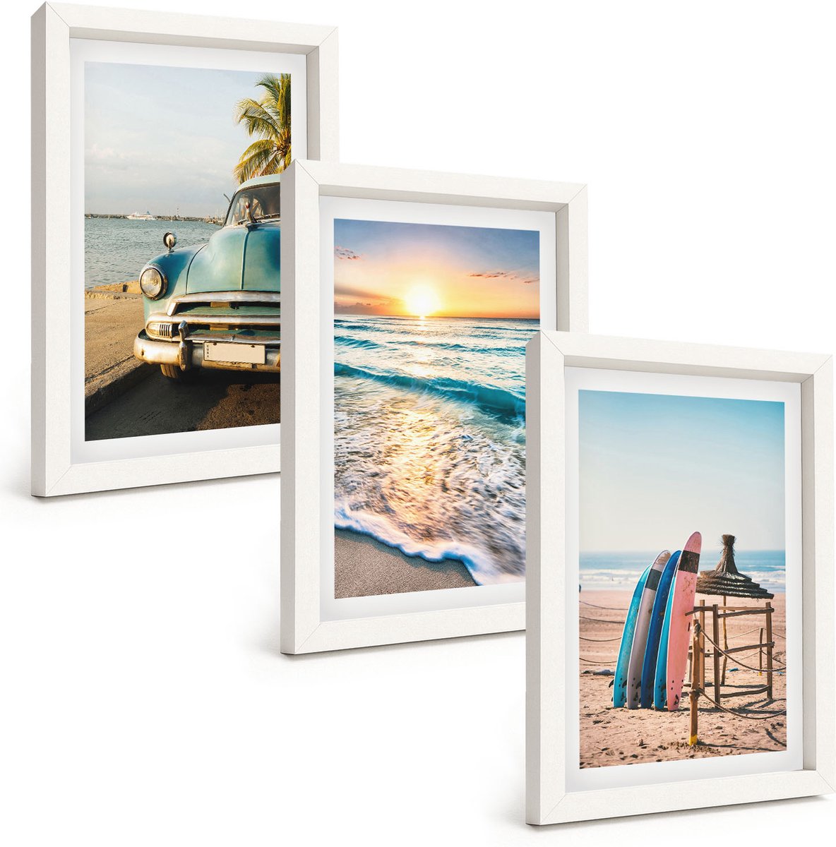 Tulup 3-Delige Schilderij Set - Vakantie in Miami met uitzicht op de zonsondergang en zee - 20x30 - Schilderijen Set - Wanddecoratie - Woonkamer - Muurdecoratie